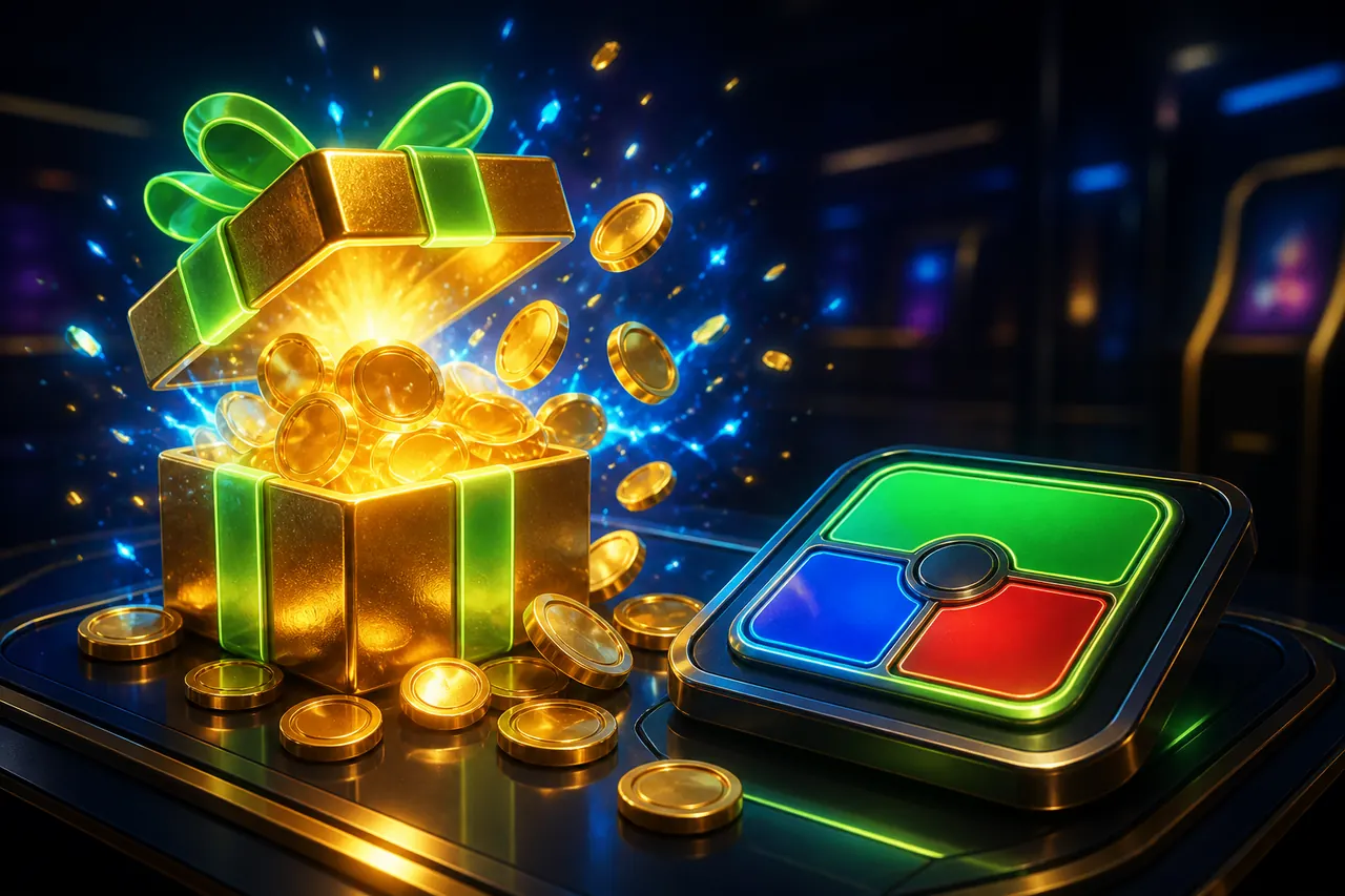 An open gift box overflowing with gold coins and tied with a green ribbon, beside a square game pad split into green, red and blue sections, coins scattered across a dark reflective table.