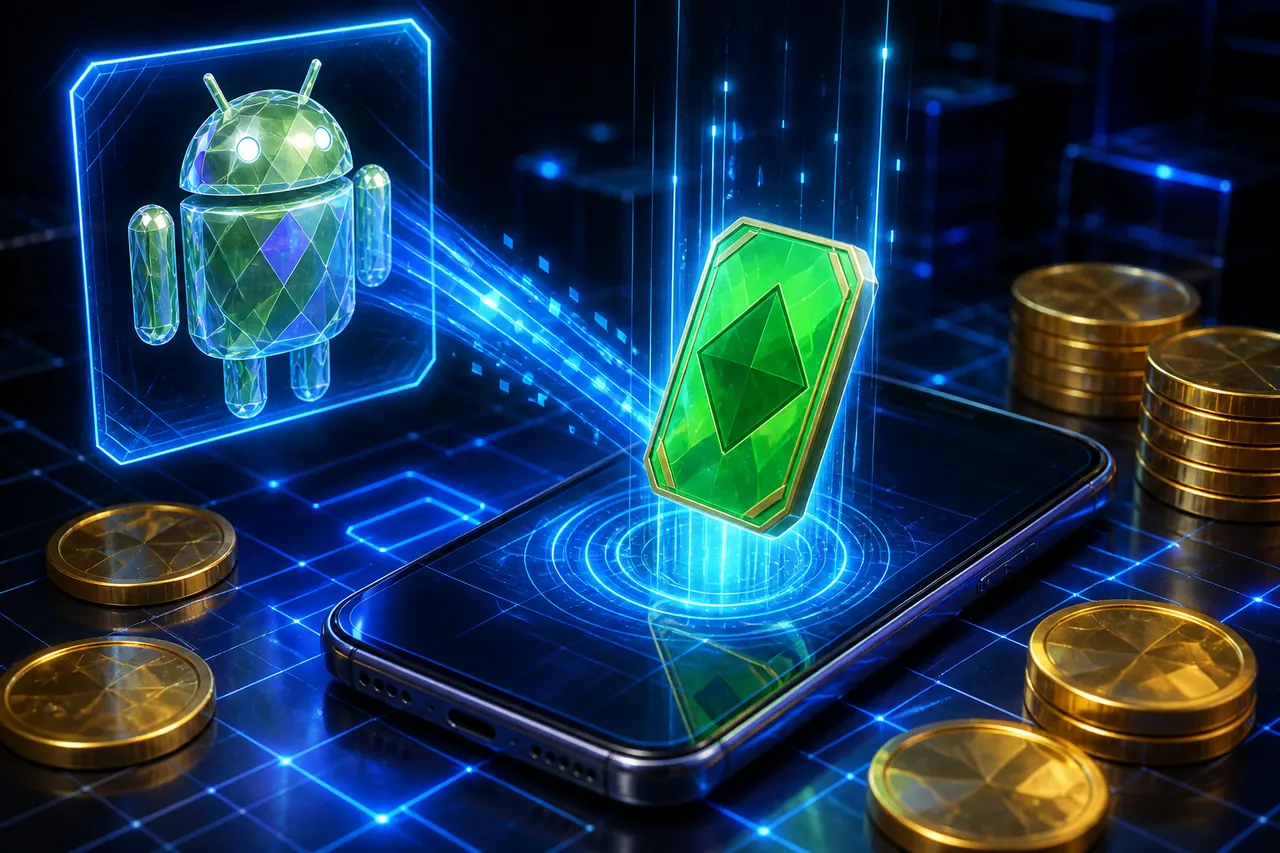 A glowing green Android robot figure and a green crystal card hovering above a black smartphone lying on a blue grid floor, stacks of gold coins around it, neon blue light beams in the background.