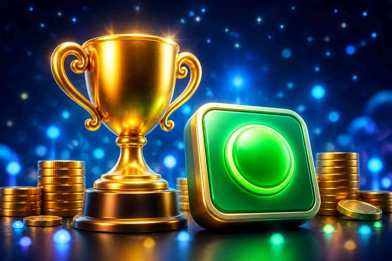 A golden trophy standing on a dark stage beside a large glossy green square button, stacks of gold coins on both sides and blue bokeh lights in the background.