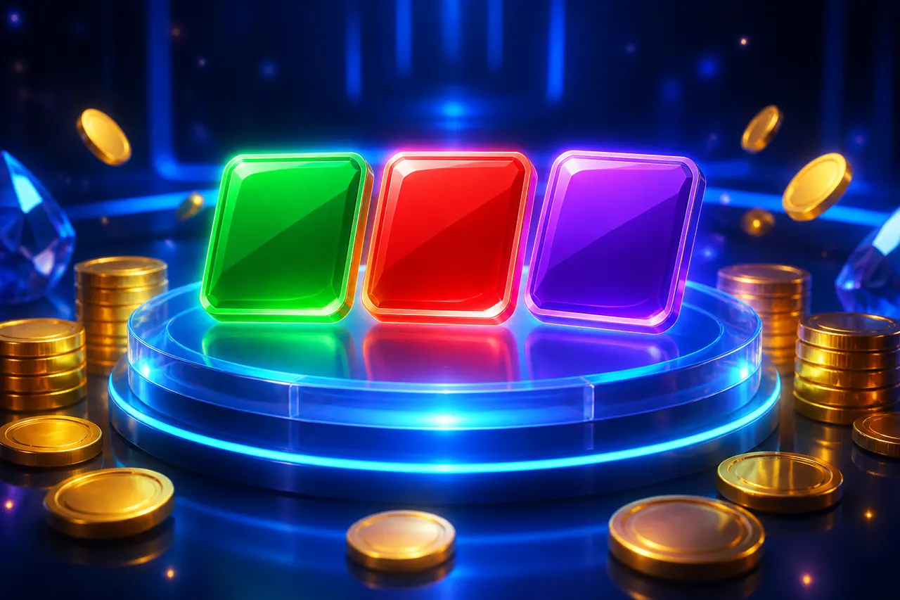 Three glossy tiles in green, red and violet standing side by side on a round glowing blue platform, gold coins scattered in front and blue light streaks behind.