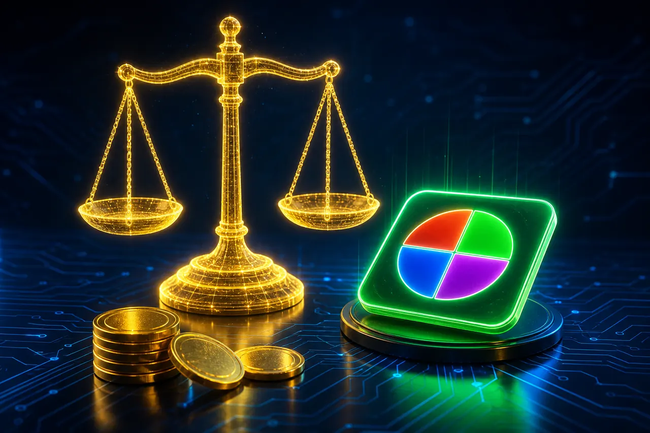 A golden balance scale on a dark reflective table next to a stack of gold coins and a glowing square game tile divided into green, red, blue and violet quarters, blue grid lights behind.